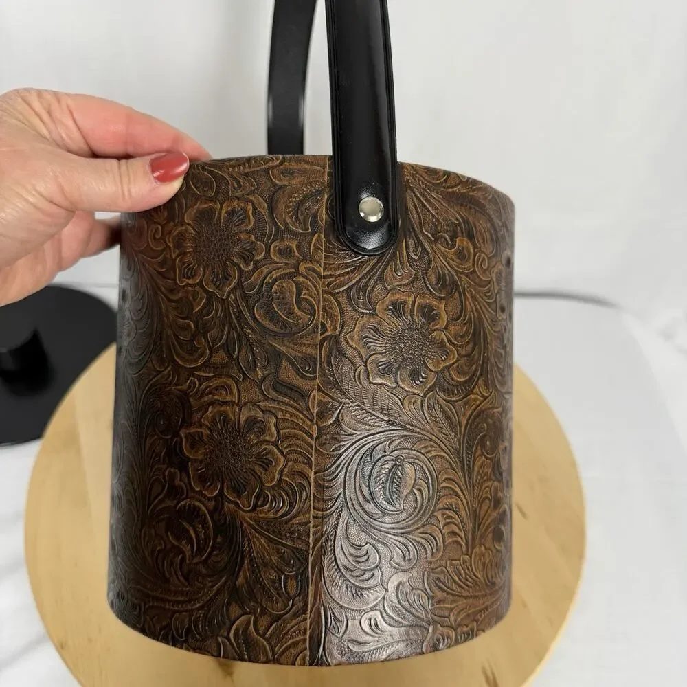Vintage MCM Irvinware Brown Tooled Embossed Faux Leather Ice Bucket Western